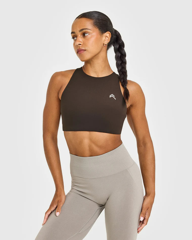 EasyLift High Neck Sports Bra with White Logo - 70% Cocoa