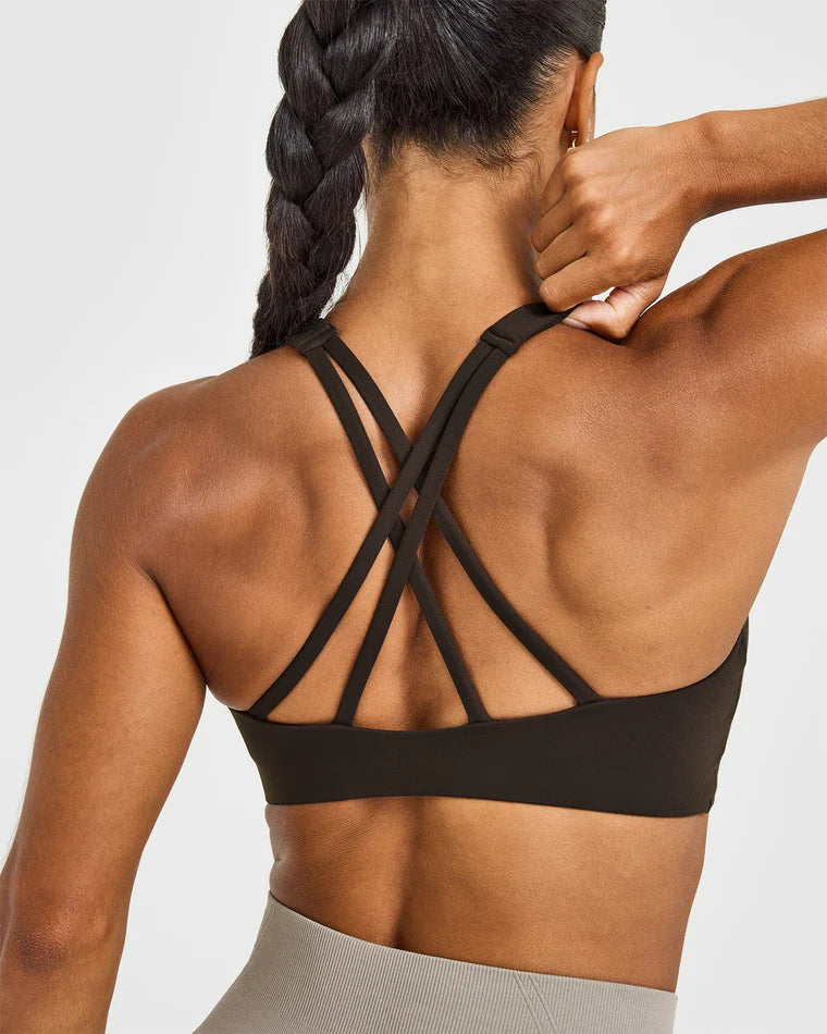 EasyLift High Neck Sports Bra with White Logo - 70% Cocoa