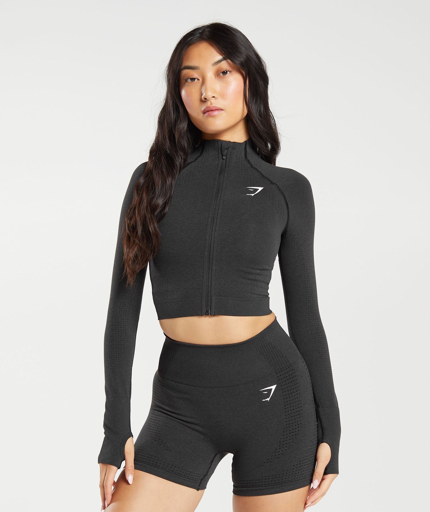 Vital Seamless Midi Zip Up Jacket - Black Marl