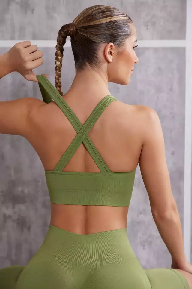 Plunge Neck Sports Bra - Olive