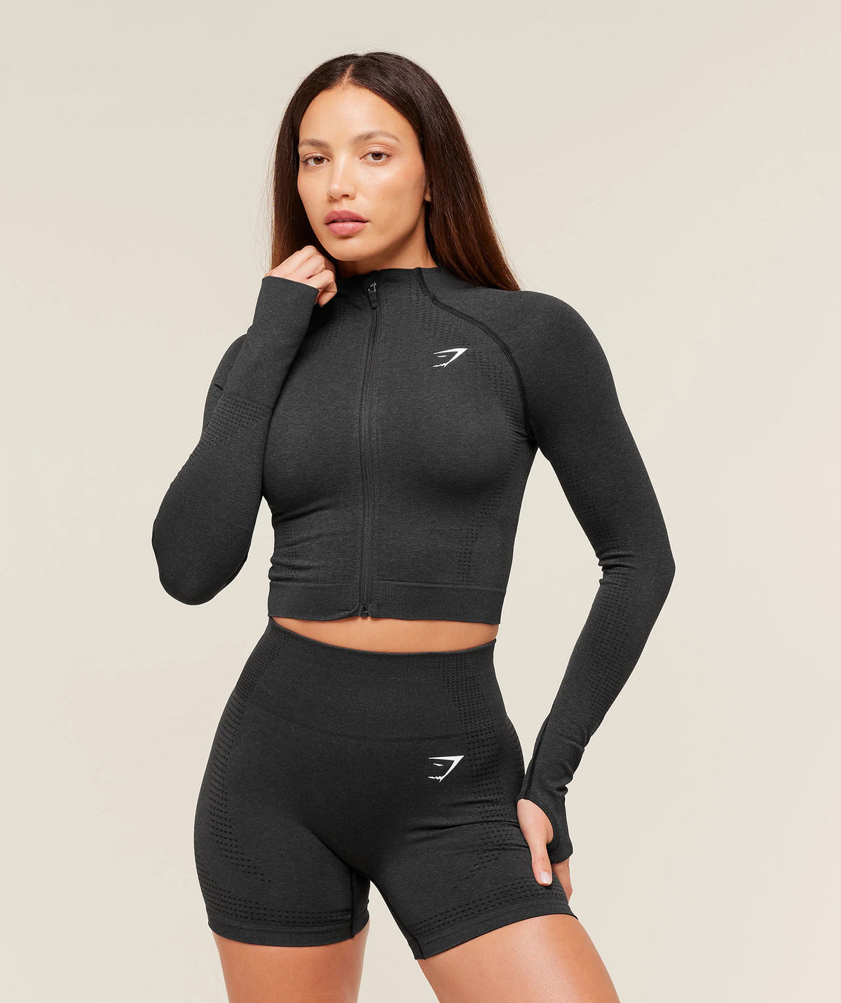 Vital Seamless Midi Zip Up Jacket - Black Marl